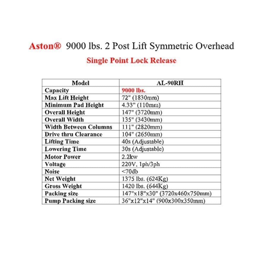 Aston® 9000 lbs. 2 Post Lift Symmetric Overhead