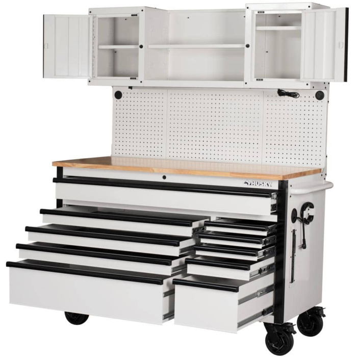 56 In. W X 27.6 In. D Heavy Duty 10-Drawer Gloss White Mobile Workbench with Pegboard and Top Cabinets