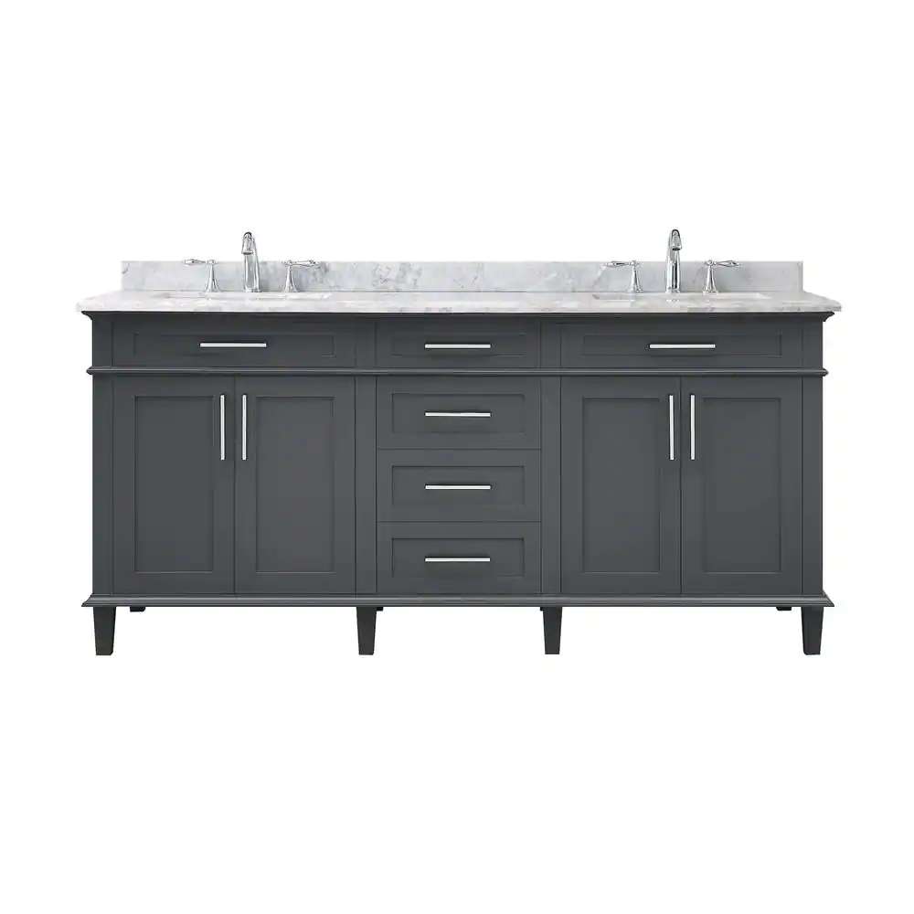 Sonoma 72 In. W X 22.1 In. D X 34.3 In. H Freestanding Bath Vanity in Dark Charcoal with Carrara Marble Marble Top