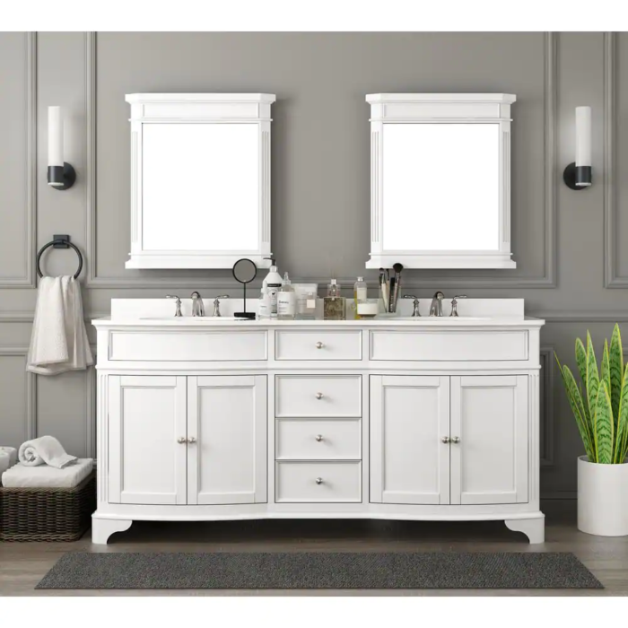 Terryn 72 In. W X 20 In. D X 35 In. H Vanity in White with Engineered White Marble Top and White Sinks