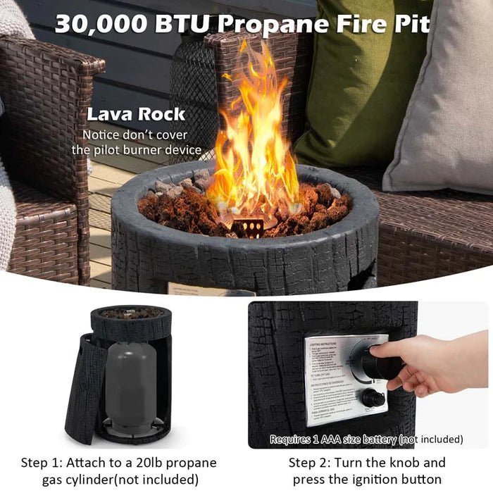 16″ Cylindrical Outdoor Patio Firepit, 30000 BTU Auto-Ignition Propane Gas Fire Pit with Cover & Lava Rocks