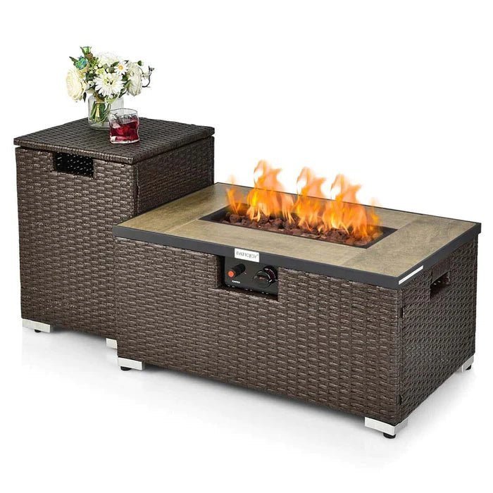 32″ x 20″ 40000 BTU Rattan Propane Fire Pit Table Set with Side Table Tank, Lava Rocks & Cover