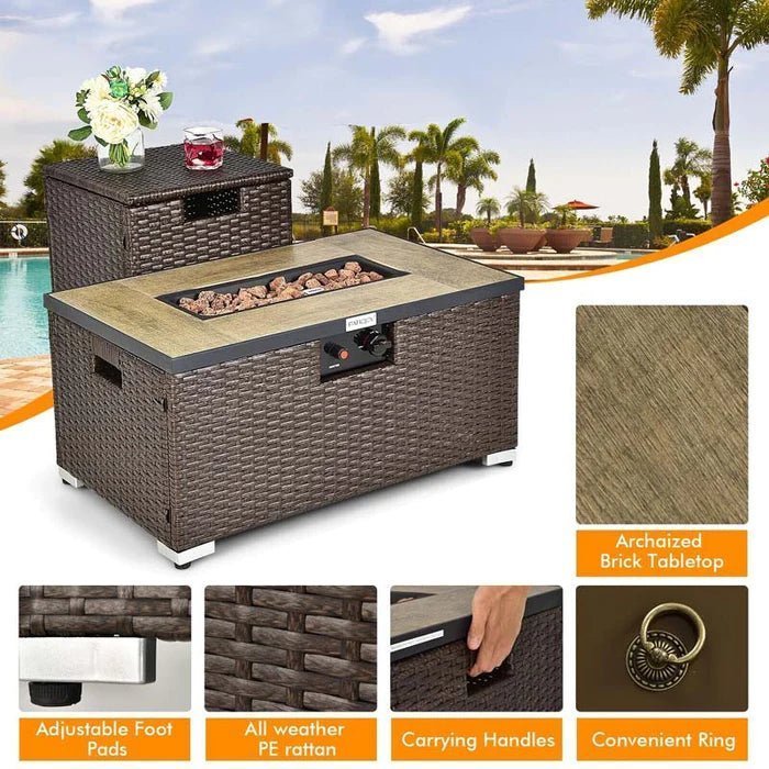 32″ x 20″ 40000 BTU Rattan Propane Fire Pit Table Set with Side Table Tank, Lava Rocks & Cover