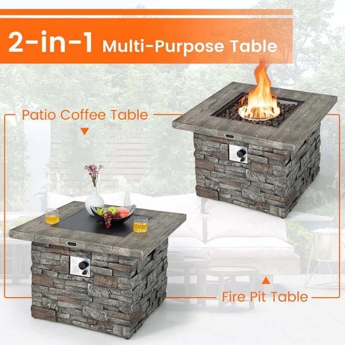 34.5″ Faux Stone Square Gas Fire Table, 50000 BTU Propane Fire Pit Table with Lava Rocks & Cover
