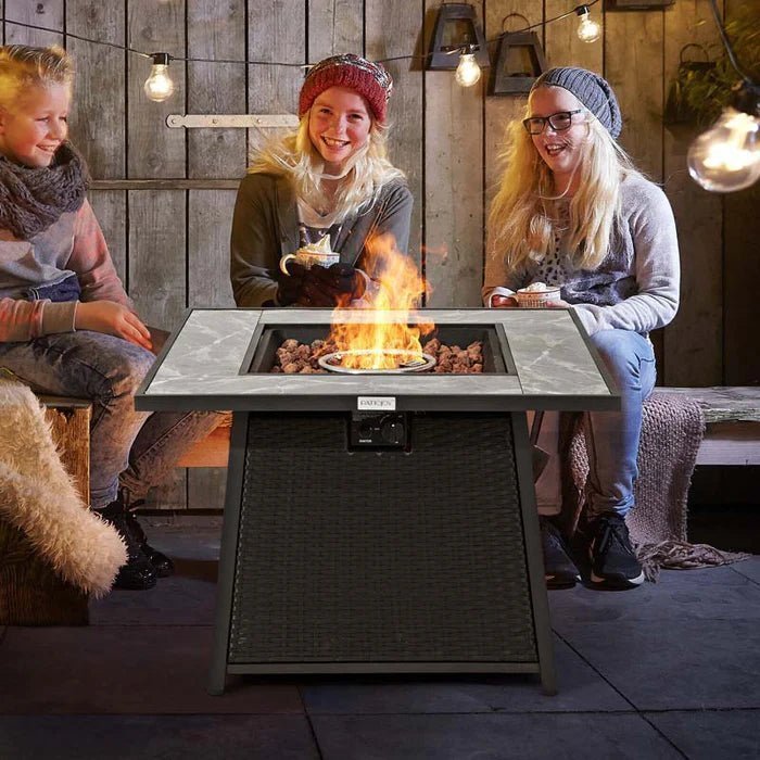 35″ 50000 BTU Rattan Outdoor Propane Gas Fire Pit Table with Marble Tabletop, Lava Rocks & PVC Cover