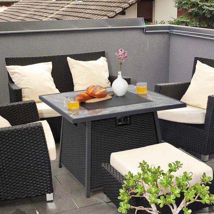 35″ 50000 BTU Rattan Outdoor Propane Gas Fire Pit Table with Marble Tabletop, Lava Rocks & PVC Cover