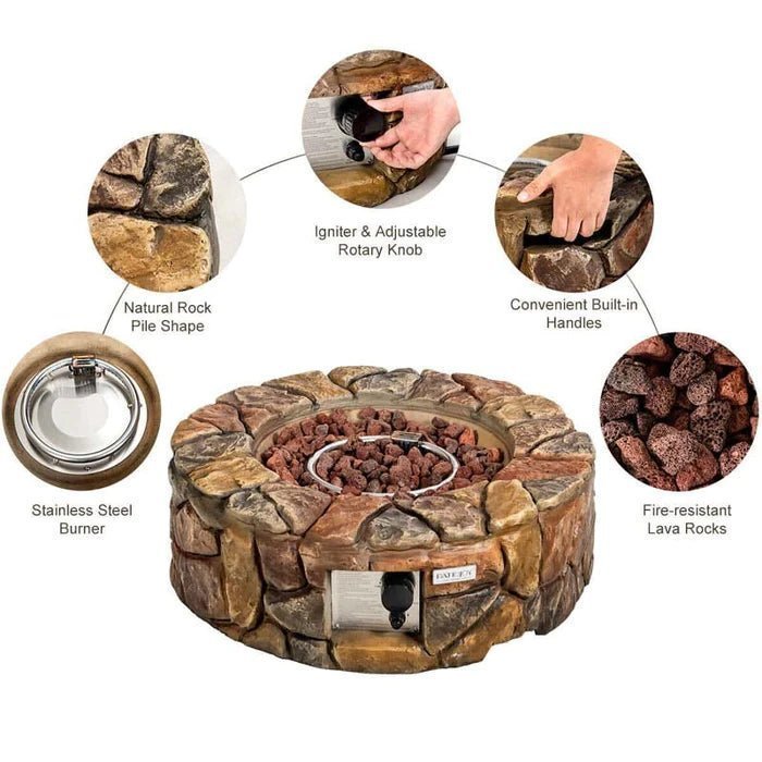 28″ 40000 BTU Round Stone Look Outdoor Propane Gas Fire Pit Table with with PVC Cover & Lava Rocks