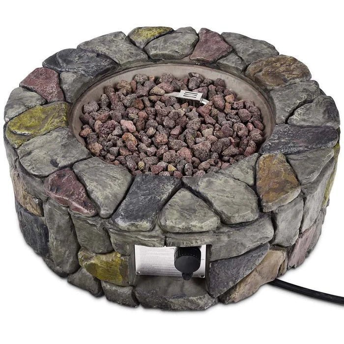 28″ 40000 BTU Round Stone Look Outdoor Propane Gas Fire Pit Table with with PVC Cover & Lava Rocks