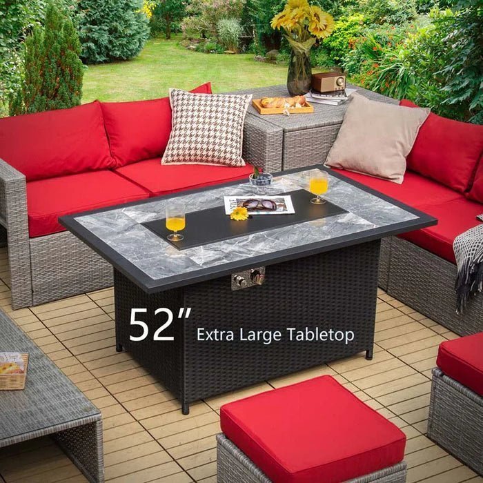 52″ 50000 BTU Rattan Outdoor Propane Gas Fire Pit Table with Marble Tabletop, Lava Rocks & PVC Cover