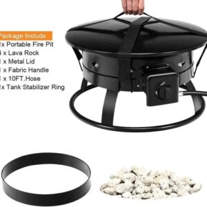 19″ 58000BTU Firebowl Outdoor Portable Propane Gas Fire Pit with Cover & Carry Kit, Lava Rock Stone