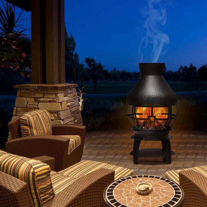 Outdoor Fireplace Chimenea Wood Burning Fire Pit with 2-Piece Log Grate, Premium Rain Cap & Fire Poker