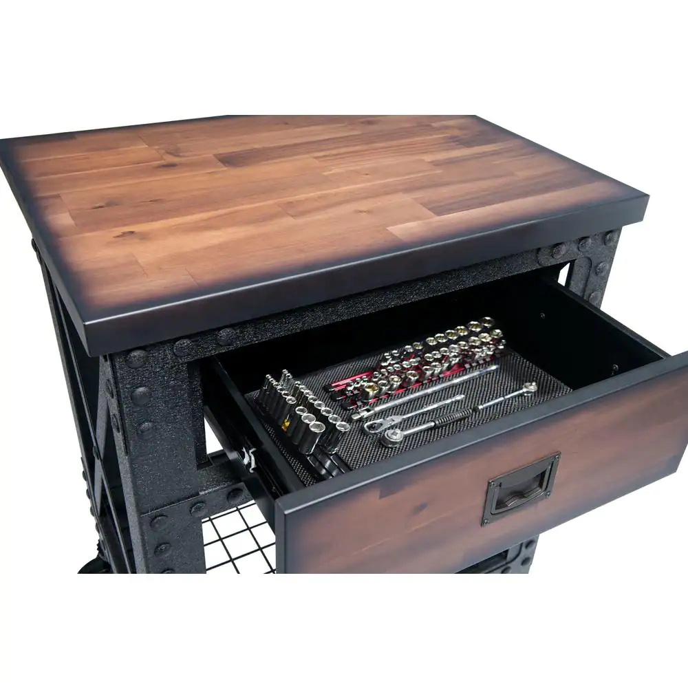 27.6 In. X 20 In. 1-Drawer Rolling Industrial Workbench with Wood Top